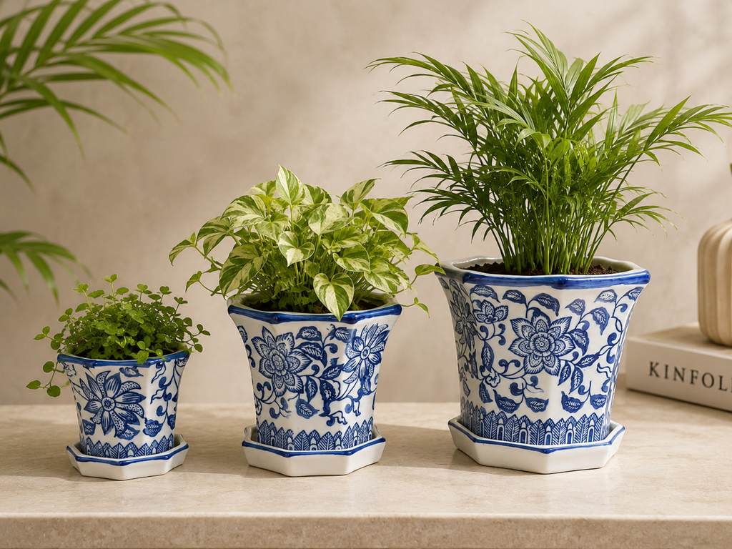Bleu Blanc Ceramic Planter Trio
