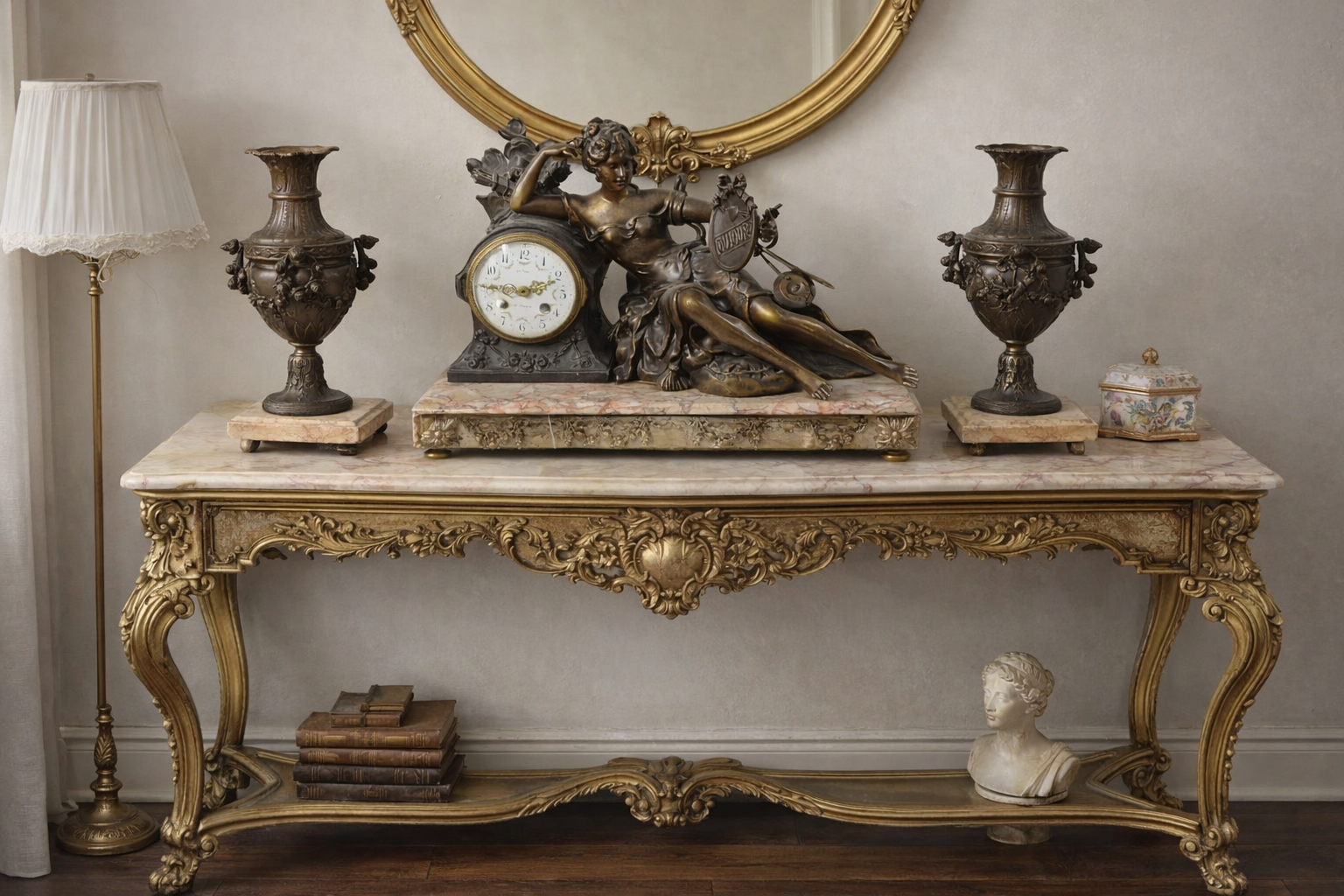 French Semi-Bronze Clock Garniture with Marble Base