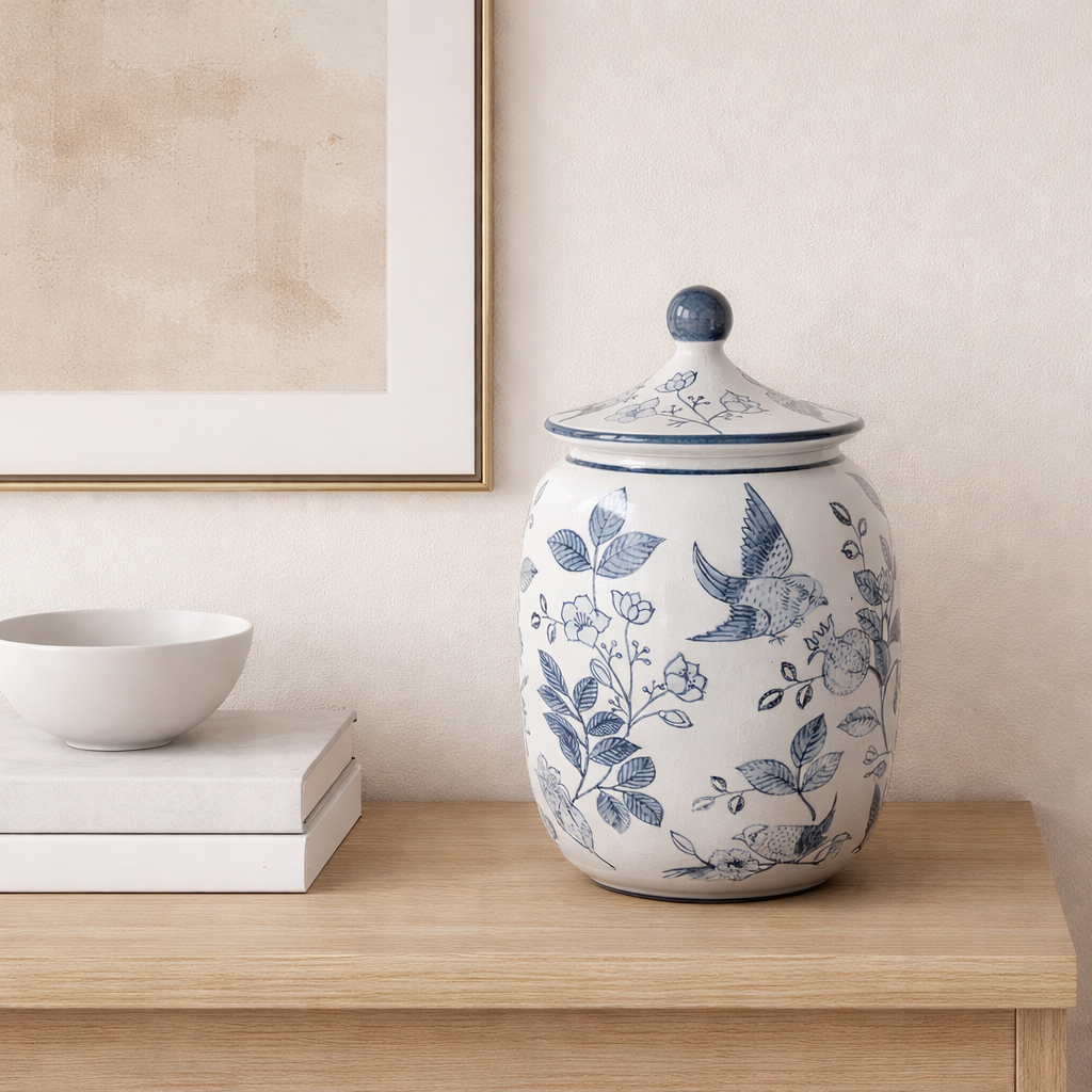Bleu Blanc Botanical Bird Big Lidded Jar