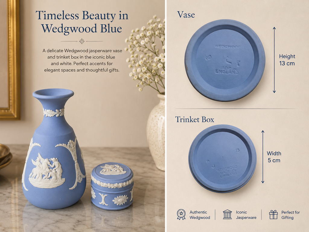 2-Piece Vintage Wedgwood Pale Blue Jasperware Set (1969 Trinket Box & 1975 Bud Vase) – Neoclassical Reliefs