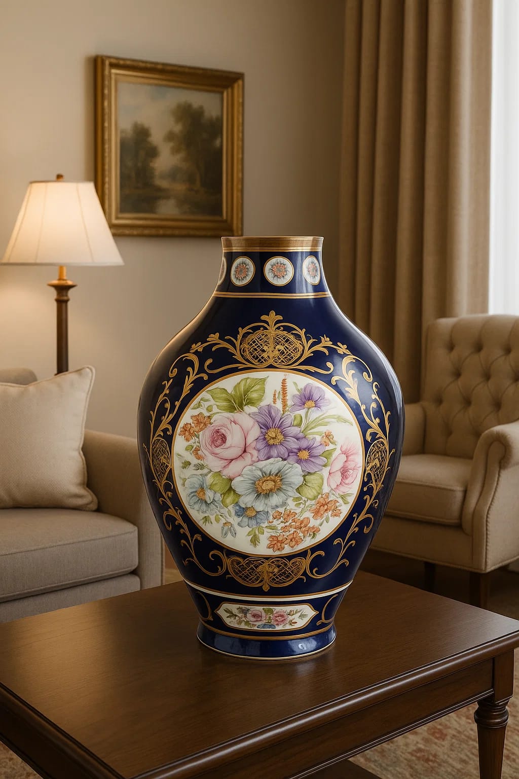 Dark blue Porcelain Vase with Gilt Cartouches and Floral Medallions
