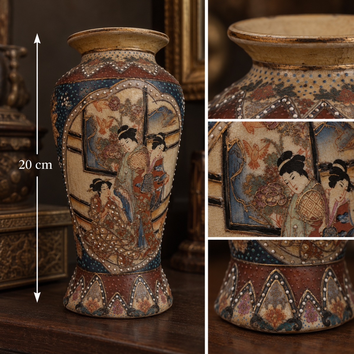 Vintage Japanese Satsuma Porcelain Vase – Hand Painted Geisha & Moriage Details
