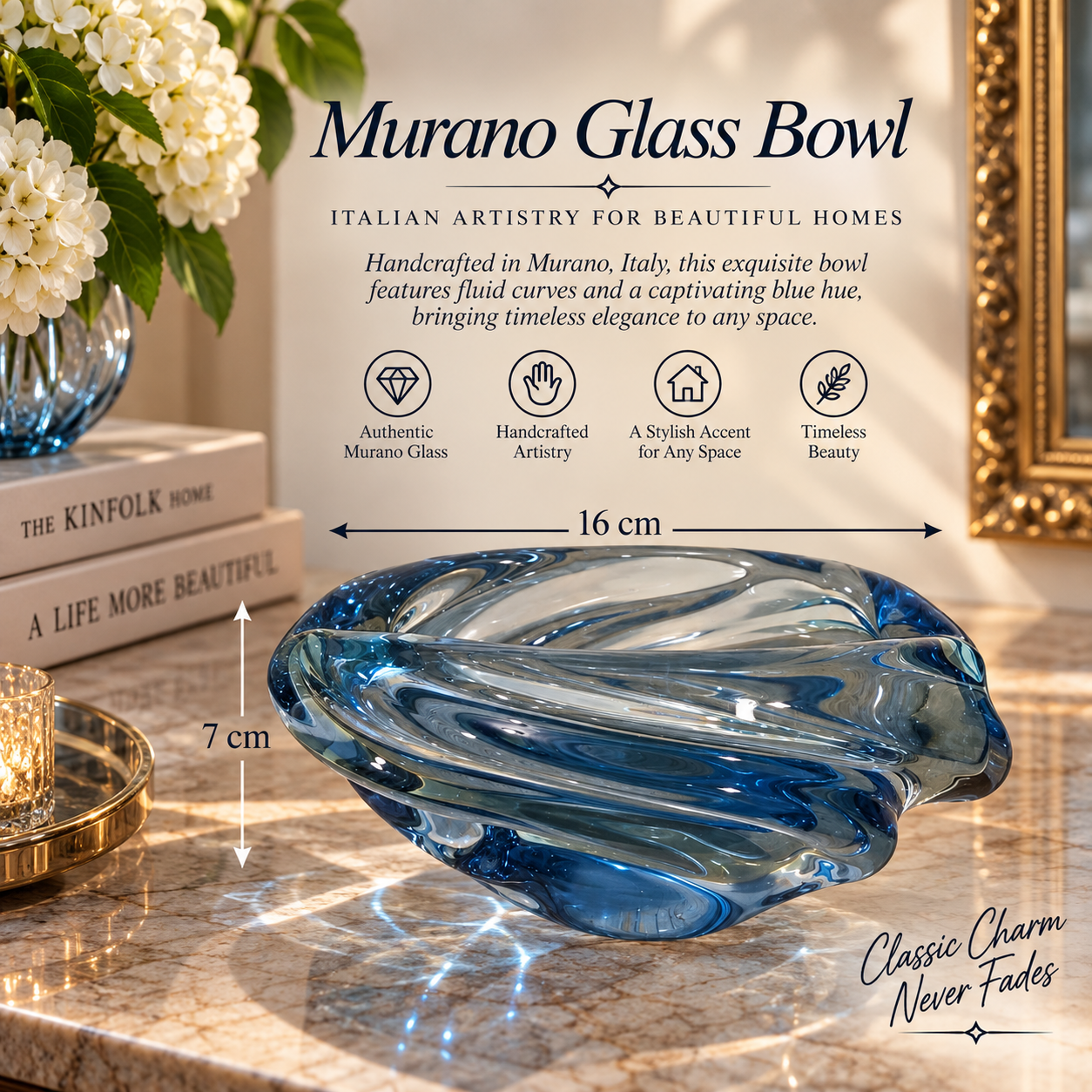 Smoky Blue Murano Sculptural Glass Bowl