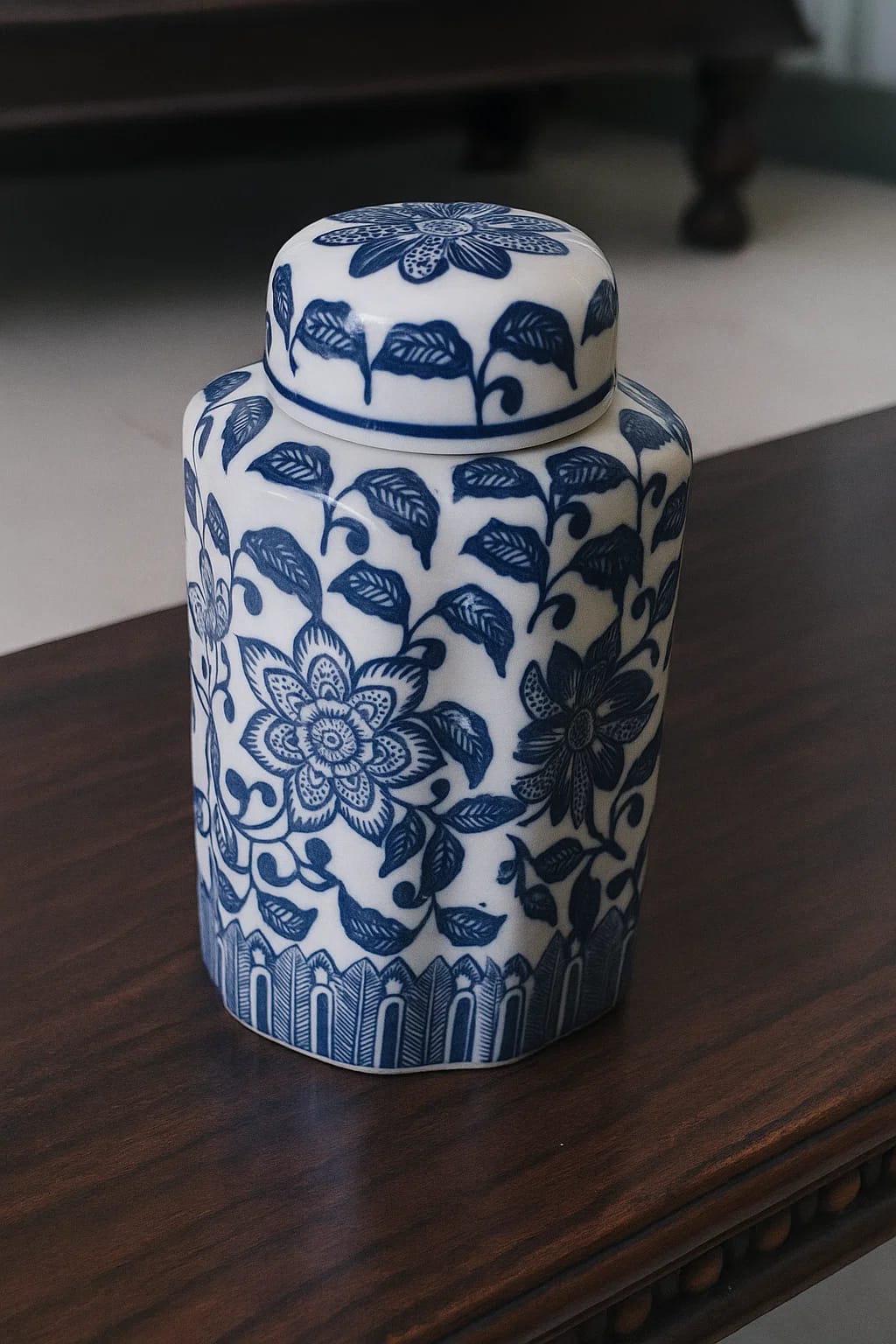 Blue Blanc Floral Ceramic Jar
with Lid – Delft/Chinoiserie Style