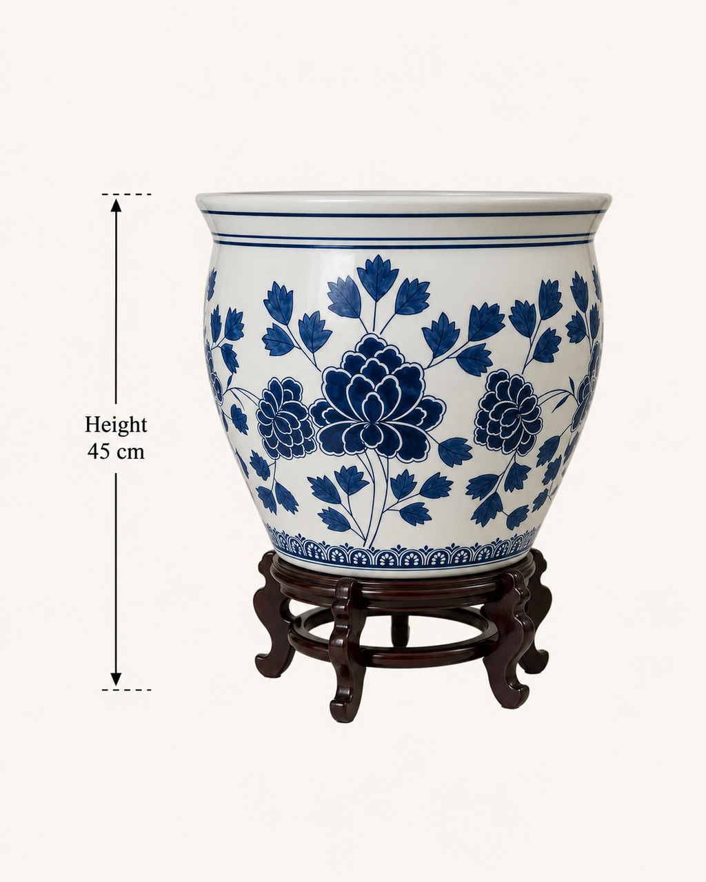 Large Bleu Blanc Floral Porcelain Planter with Wooden Stand