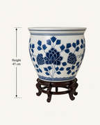 Large Bleu Blanc Floral Porcelain Planter with Wooden Stand