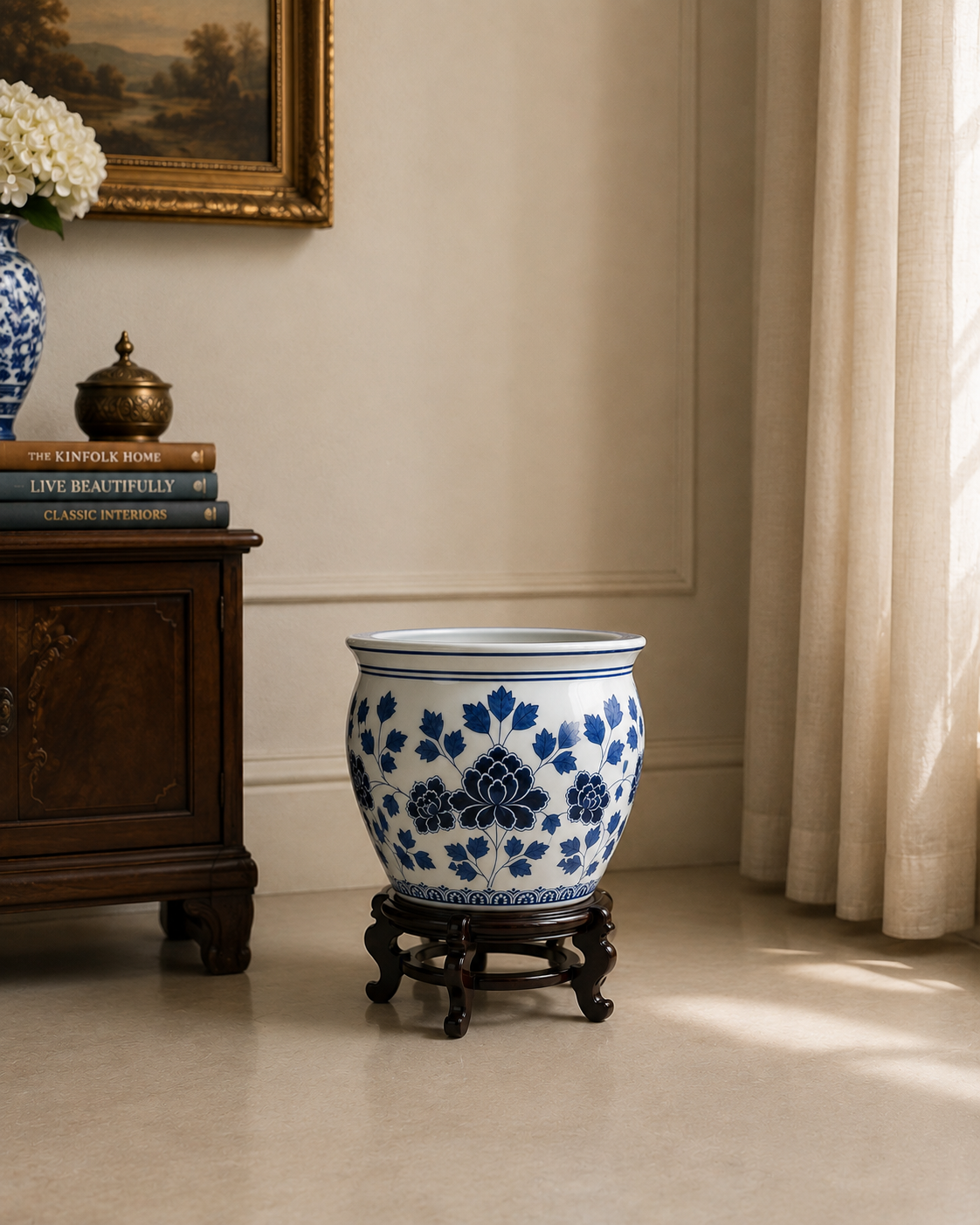 Bleu Blanc Floral Porcelain Planter with Wooden Stand