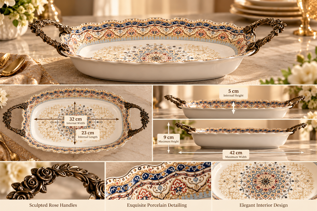 The Imperial Royale – Grand Porcelain Serving Platter with Sculpted Rose Handles