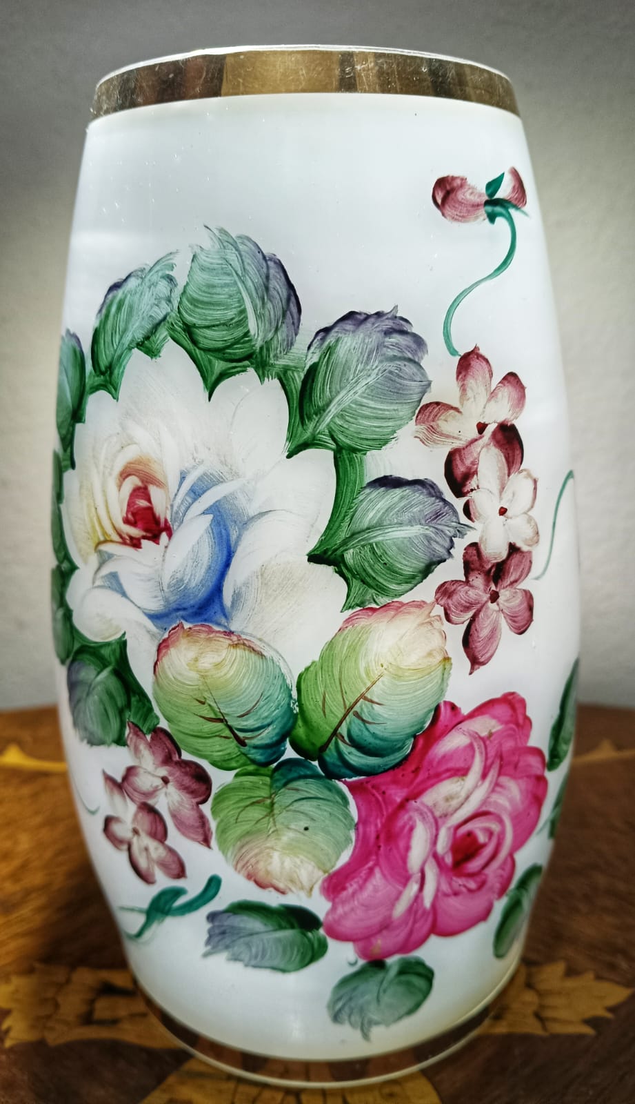 Vintage French Hand-Blown Opaline Glass Cask Vase with Hand-Painted Cabbage Roses and Gold Trim