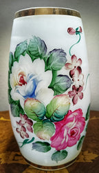 Vintage French Hand-Blown Opaline Glass Cask Vase with Hand-Painted Cabbage Roses and Gold Trim