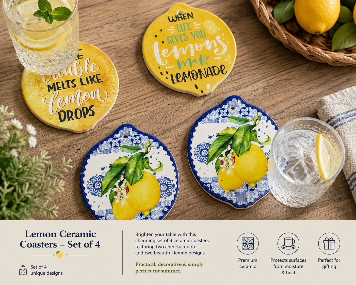 🍋 Lemon Ceramic Coasters – Set of 4