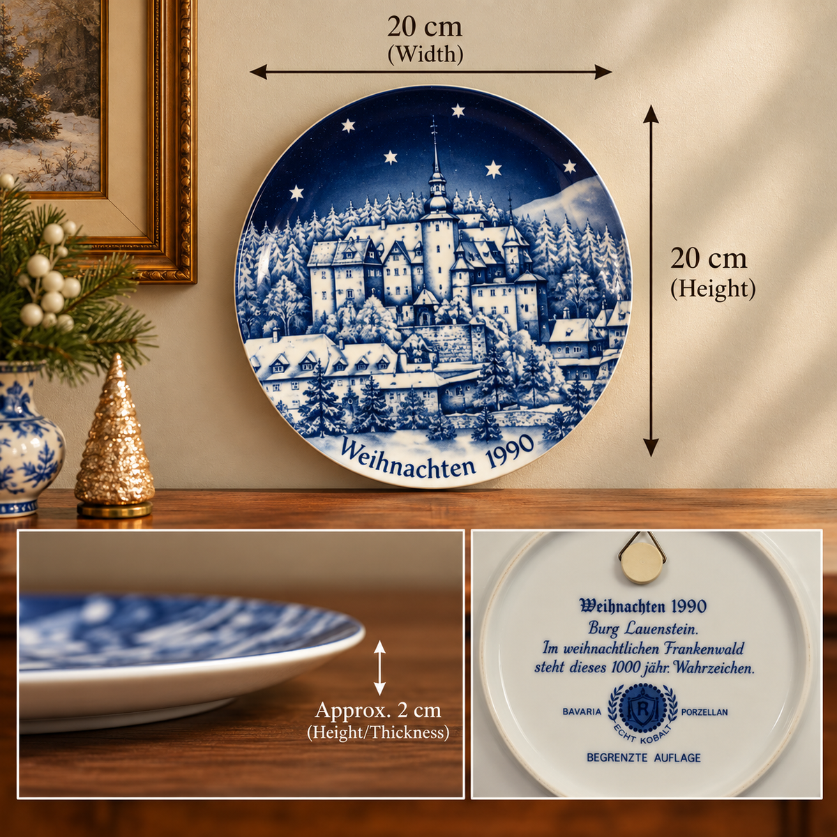 Vintage Wunsiedel Bavaria Christmas 1990 Porcelain Collector Plate - "Burg Lauenstein im Frankenwald" - Echt Kobalt Blue & White Limited Edition