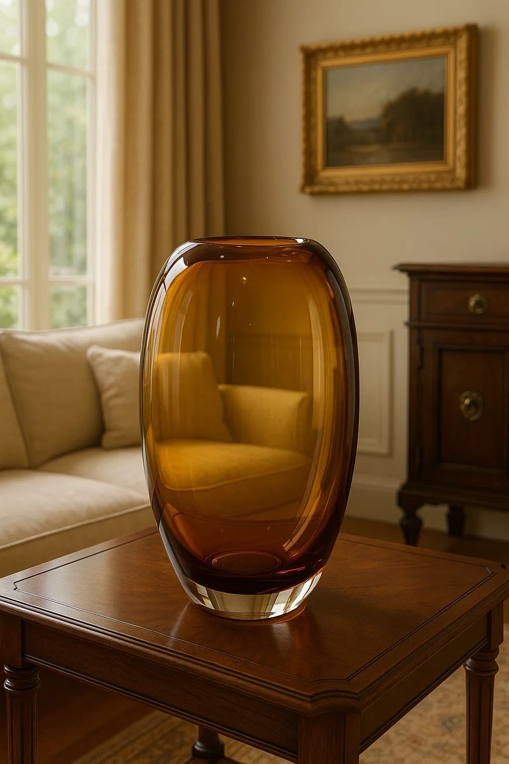 Hand-blown Murano-style
glass vase in rich amber with sleek, sculptural form. A bold ce...