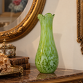 Vintage Murano Green & White Spatter Hand-Blown Art Glass Ruffled Vase