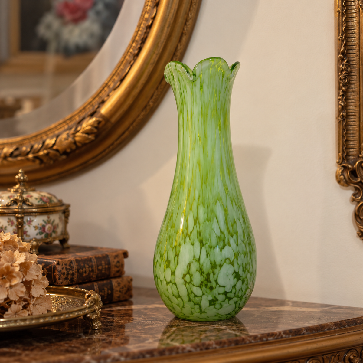 Vintage Murano Green & White Spatter Hand-Blown Art Glass Ruffled Vase