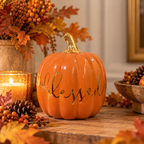 Autumn “Blessed” Ceramic Pumpkin Décor with Gold Stem & Lettering