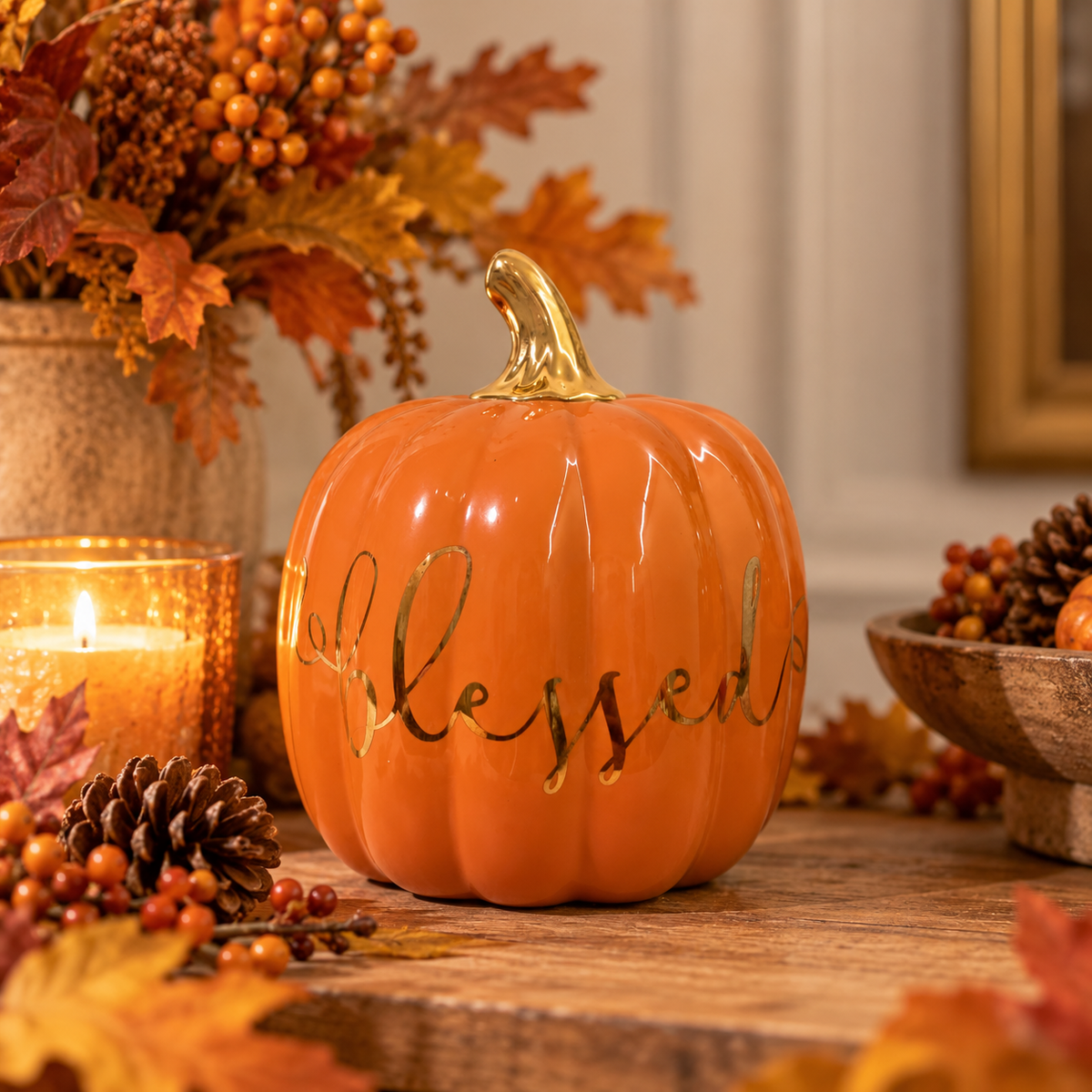 Autumn “Blessed” Ceramic Pumpkin Décor with Gold Stem & Lettering