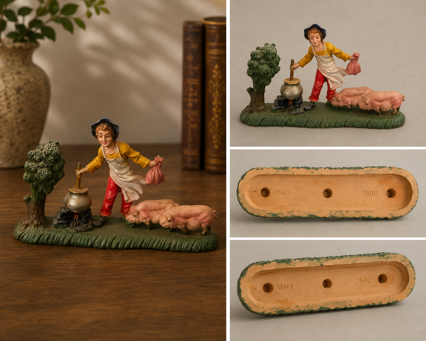 Vintage Made in Italy 7500 Unbreakable Plastic Swineherd with Pigs Sculpture