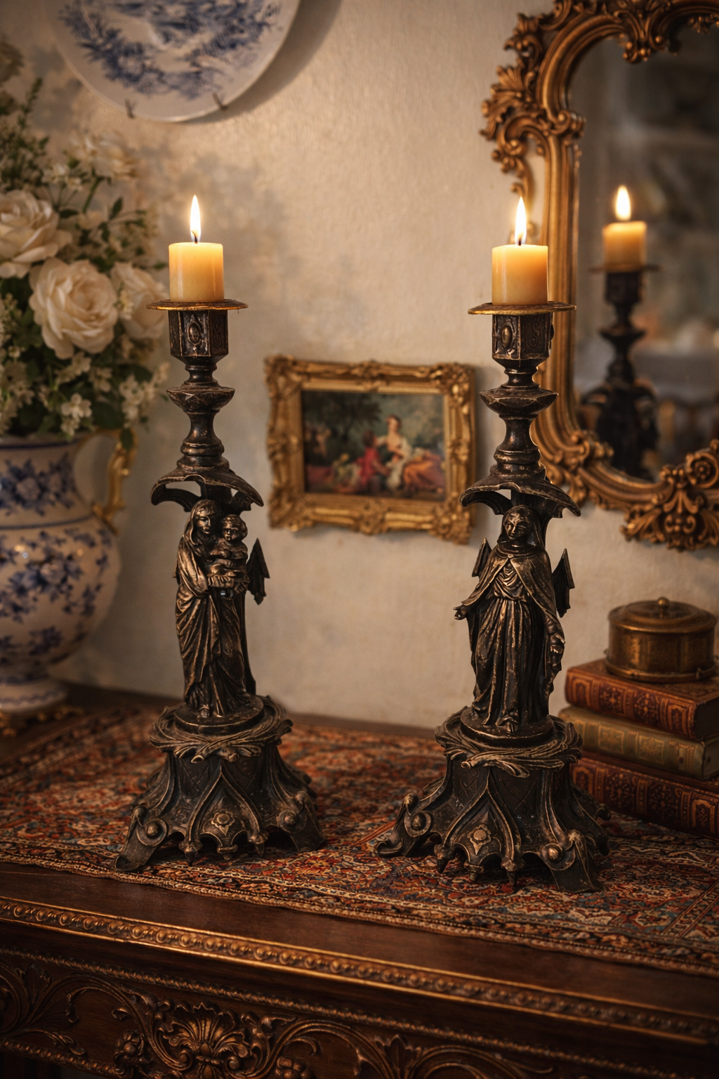Antique French Gothic Angel Candlestick Pair