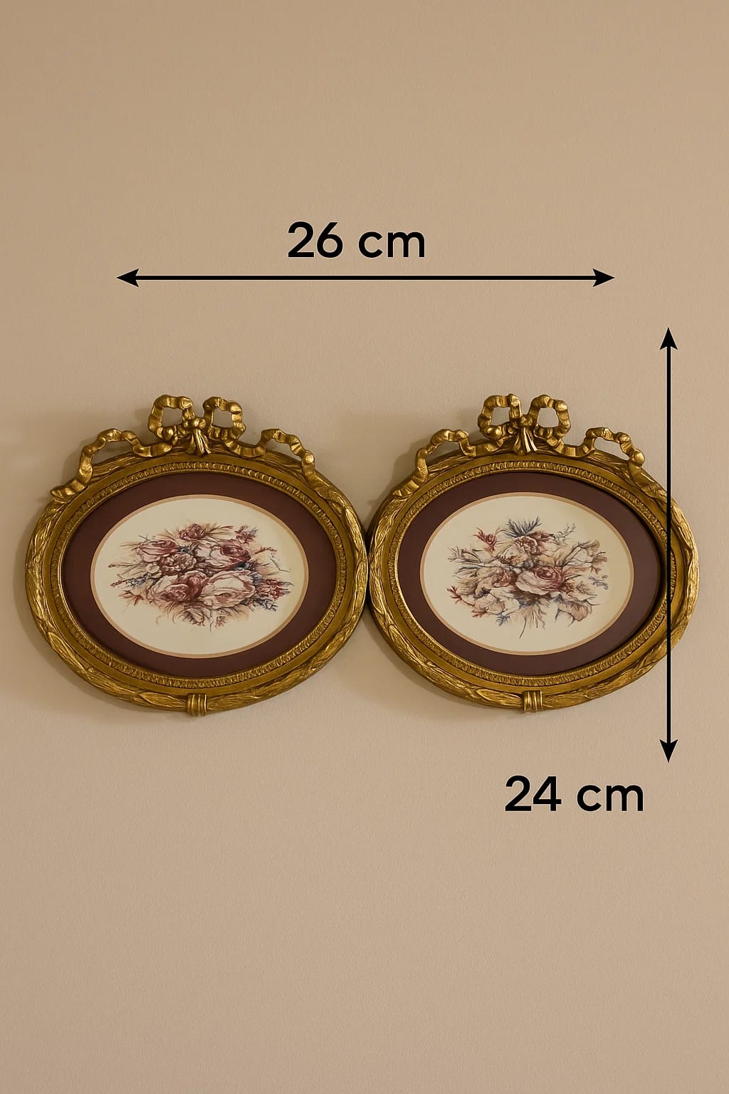 Ornate Oval Floral Wall Frames with Bow Crests — Set of 2