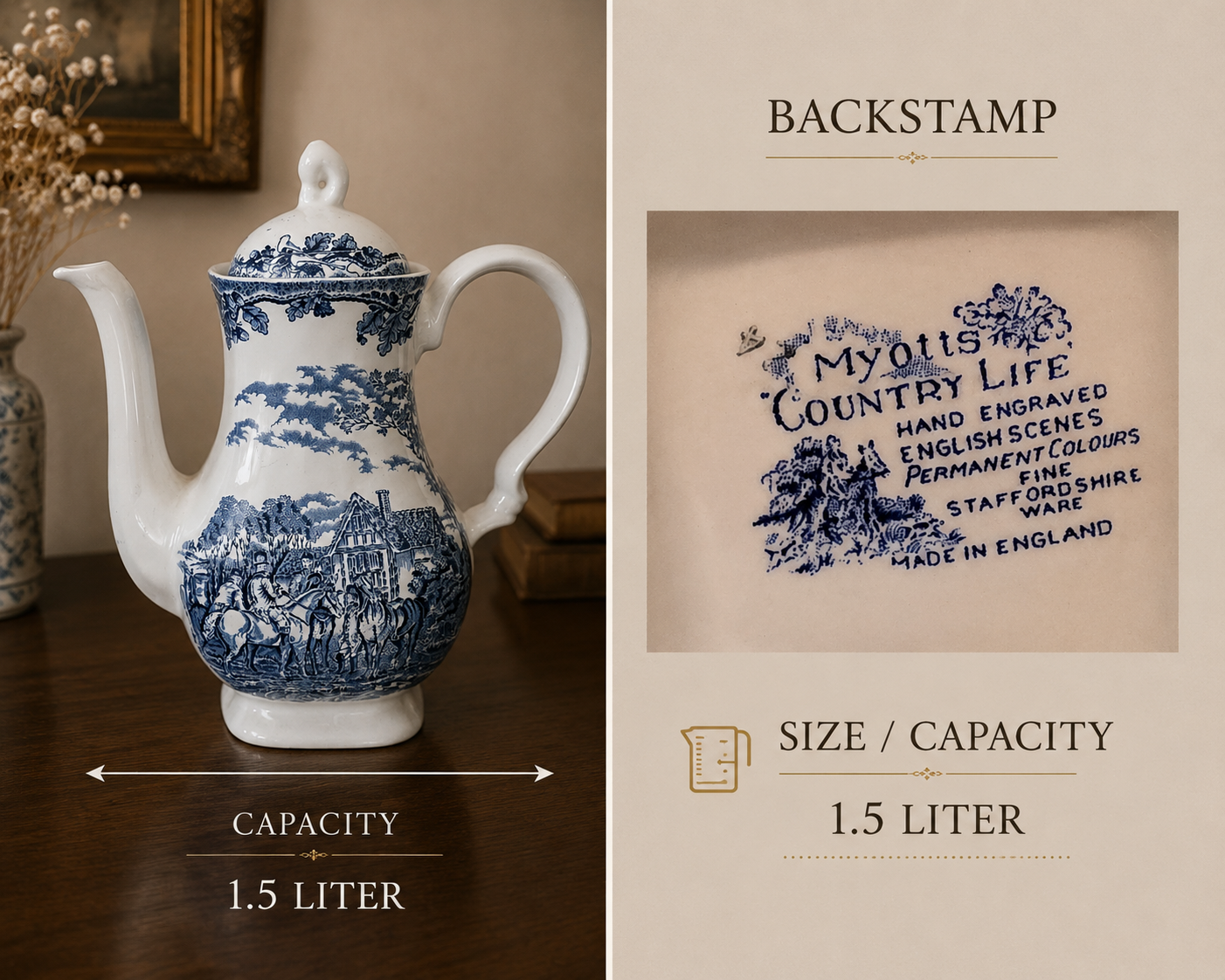 Vintage Myott Country Life Blue and White Coffee Pot Staffordshire Ironstone