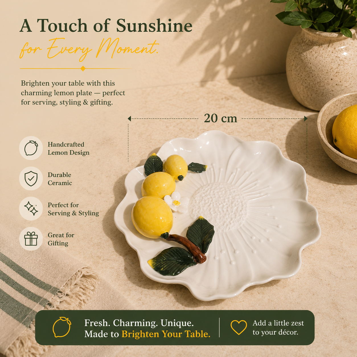 Lemon Blossom Ceramic Serving Plate – 20 cm