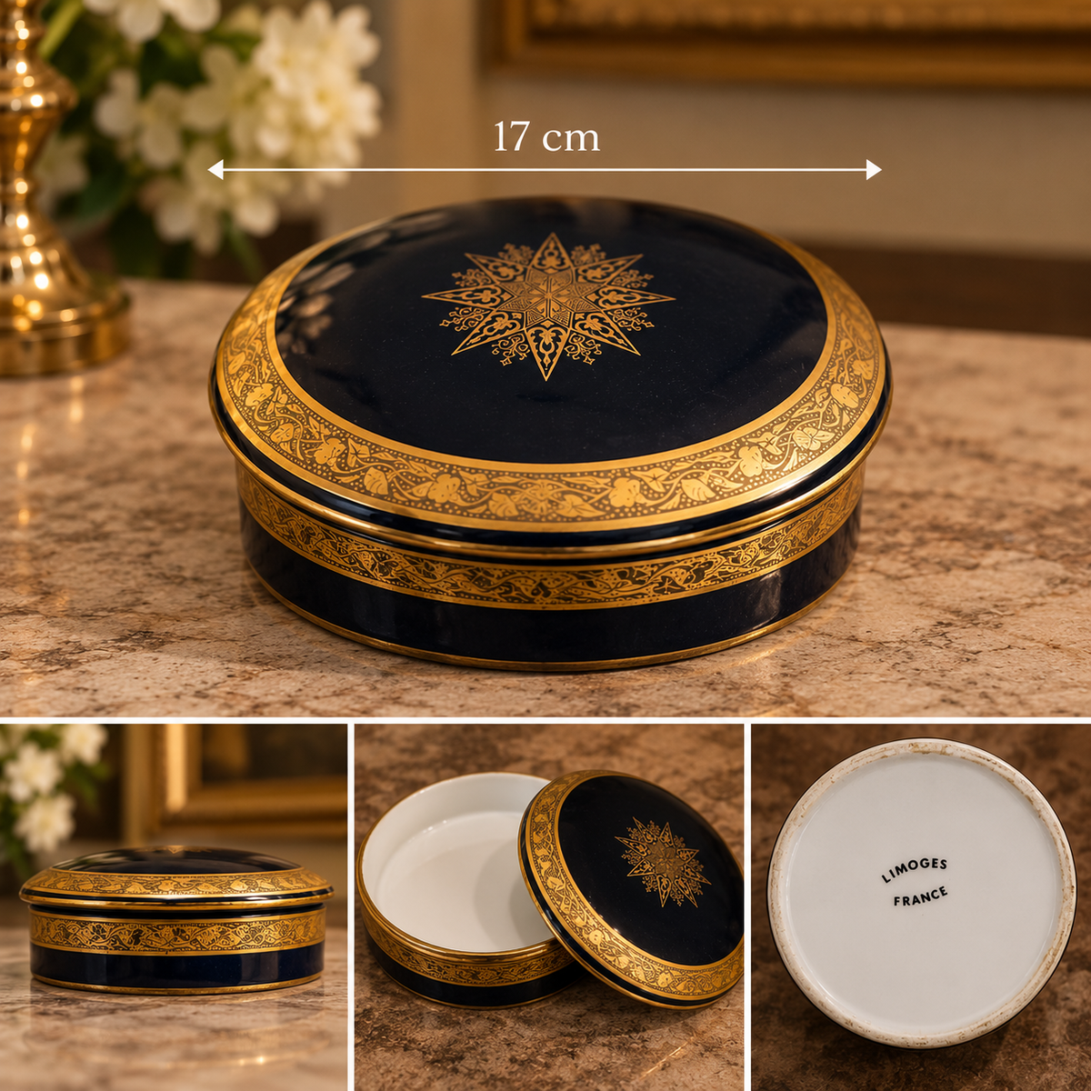 Vintage Limoges France Cobalt Blue & Gold Porcelain Trinket Box – 17 cm