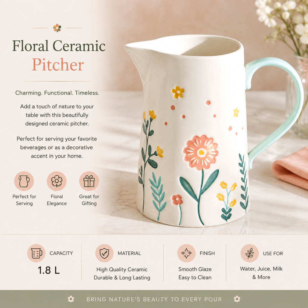 Imported 🌸 Floral Ceramic Pitcher – 1.8 L - Home Center UAE