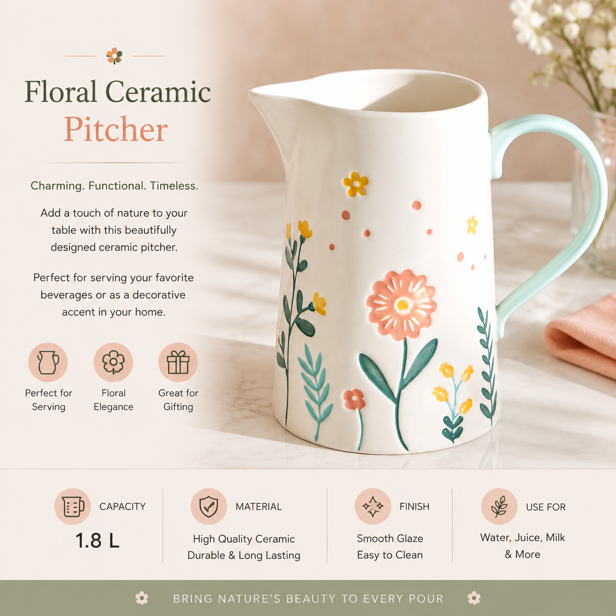 🌸 Floral Ceramic Pitcher – 1.8 L