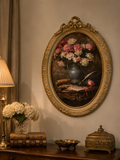 Timeless Peony Still Life – Oval Wall Art in Ornate Gold Frame
