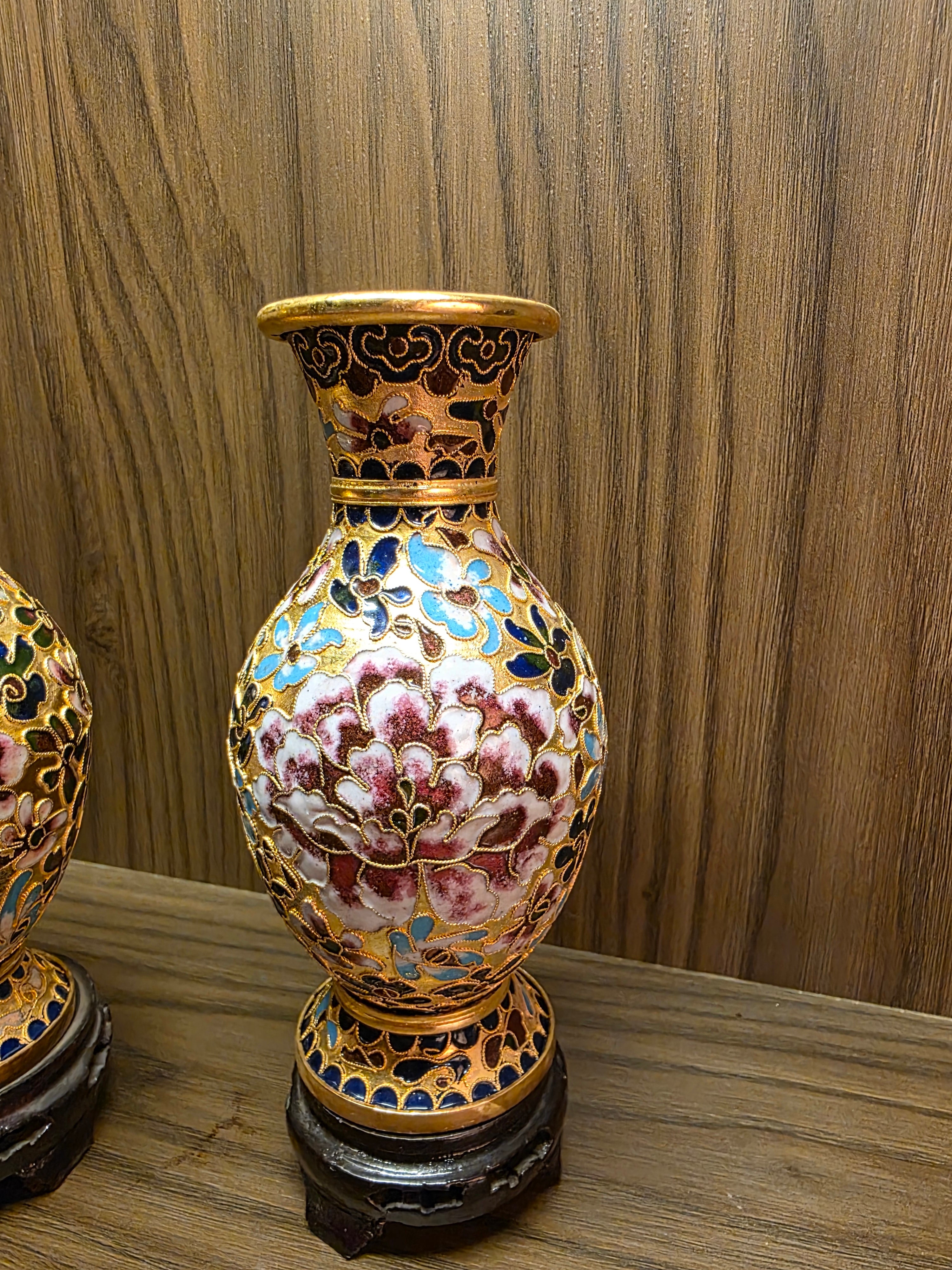 Twin Floral Cloisonné Vases