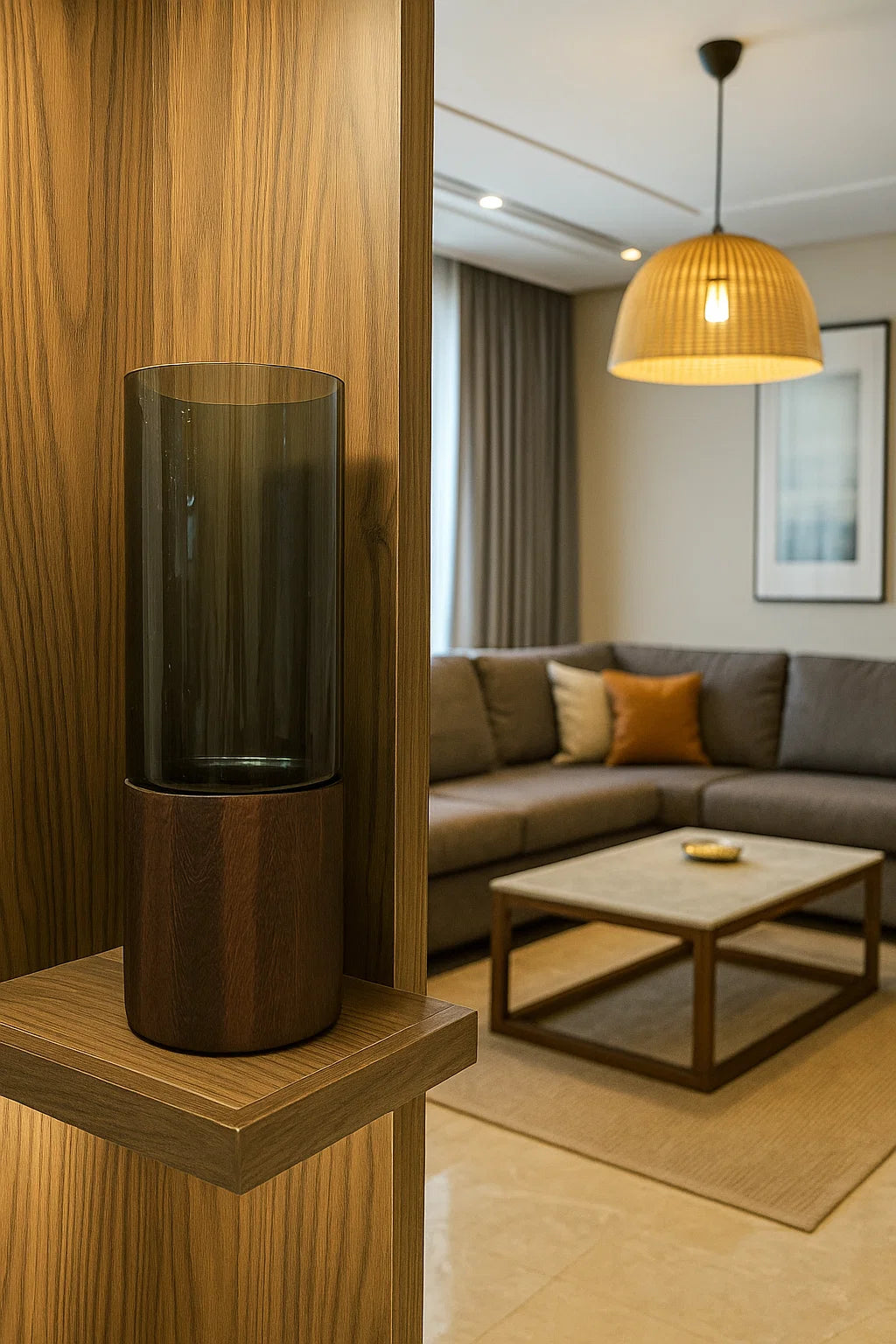 Smoked Glass Cylinder Vase with Wooden Base