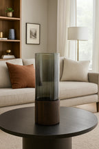 Smoked Glass Cylinder Vase with Wooden Base