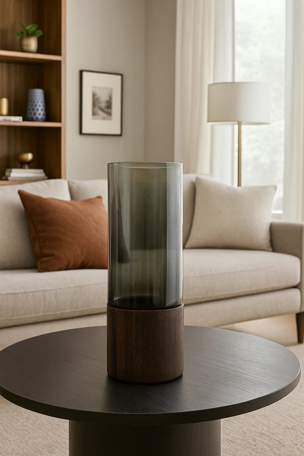 Smoked Glass Cylinder Vase with Wooden Base