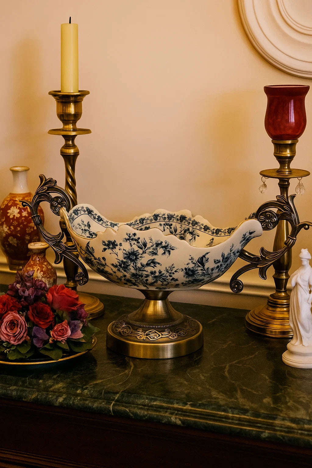 Bleu Blanc Pierced-Edge Pedestal Bowl