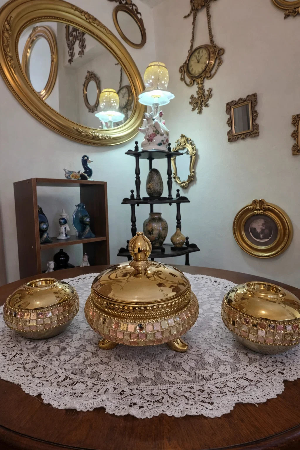 Gold bonbonnière and candle holder set